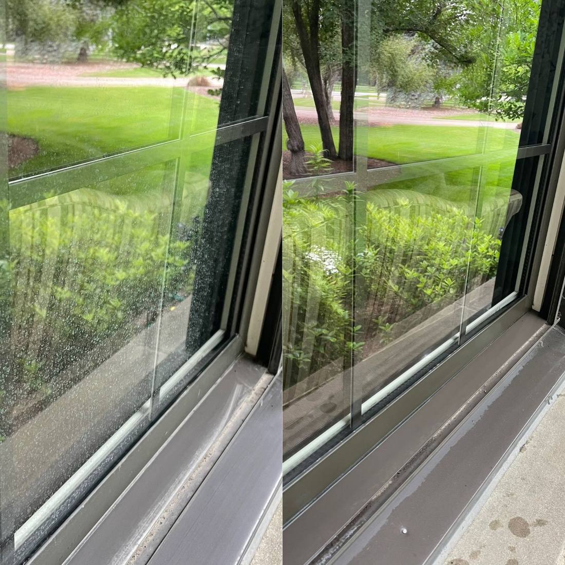 Before and after: water spots removed from a sliding door, track cleaned