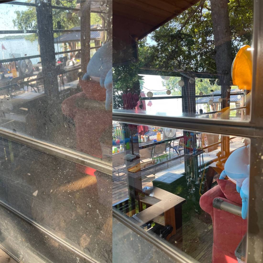 Before and after: heavily soiled sunroom windows cleaned by hand
